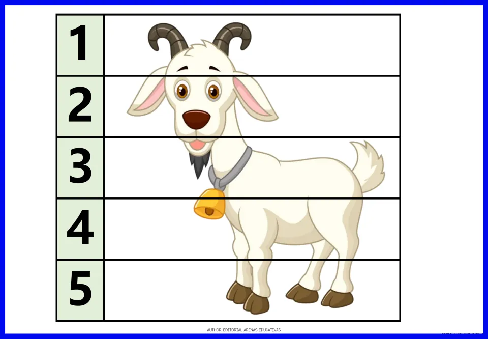 Goat puzzle for number order: students rebuild a white goat with a bell by stacking strips numbered 1 through 5