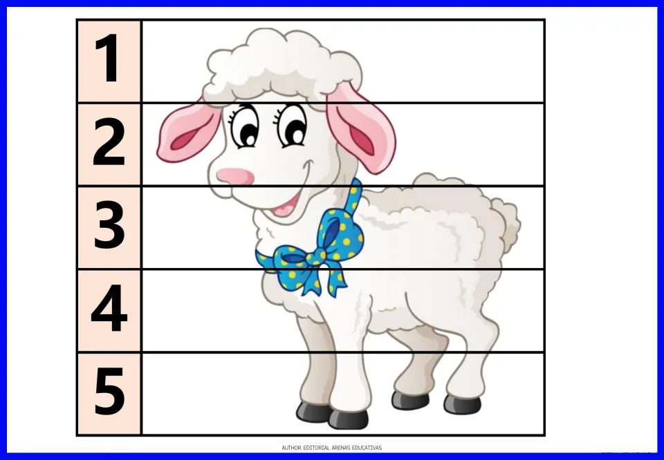 Lamb puzzle: five number strips from 1 to 5 form a smiling lamb with a blue bow when sequenced correctly