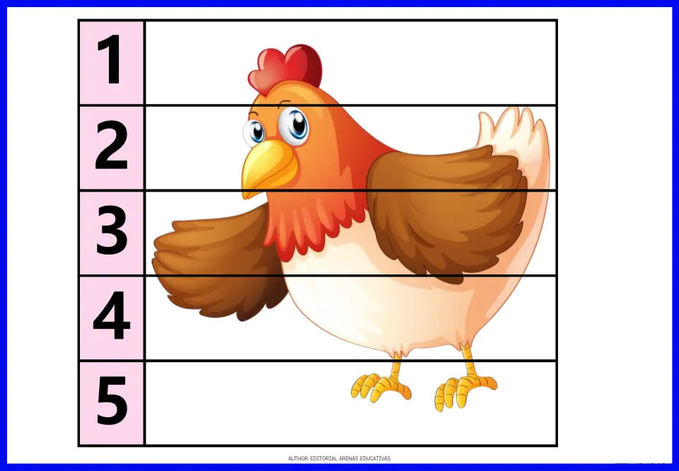 Hen puzzle for sequencing numbers: children line up strips 1 to 5 to rebuild a brown and orange hen