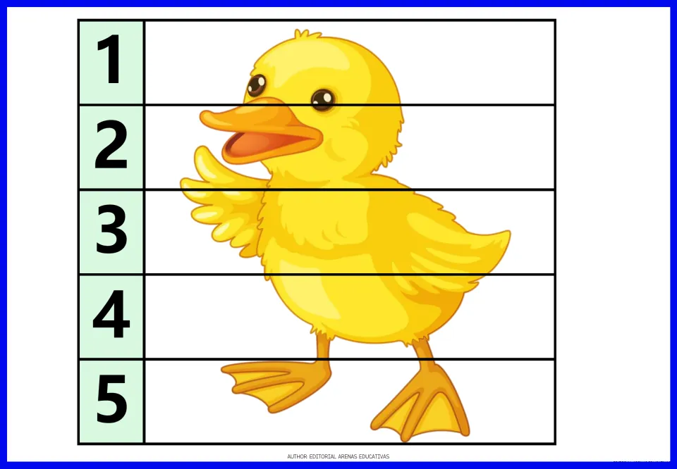 Duckling puzzle: a yellow duckling picture cut into five strips that students order from 1 to 5 to complete