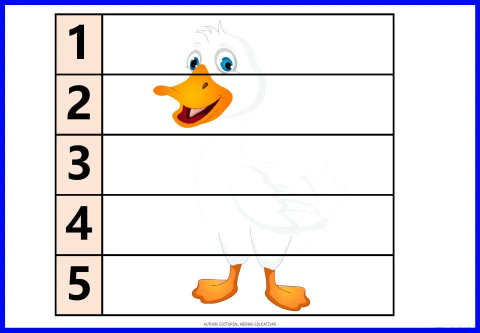 White duck puzzle: students count 1 to 5 down the strips to reassemble a smiling white duck with orange feet