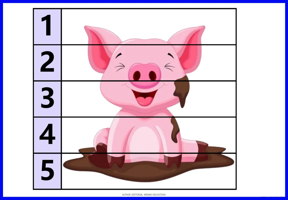 Pig puzzle: a pink piglet sitting in mud is rebuilt by placing five strips in number order from 1 to 5