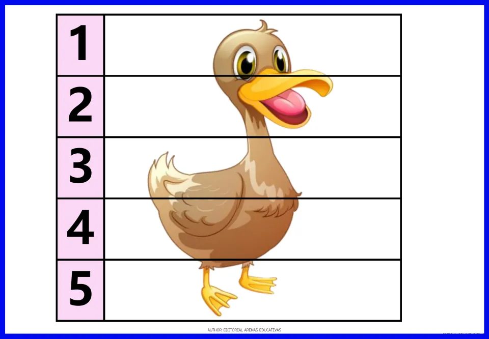 Brown duck puzzle: learners sequence strips numbered 1 to 5 to reassemble a long-necked duck picture