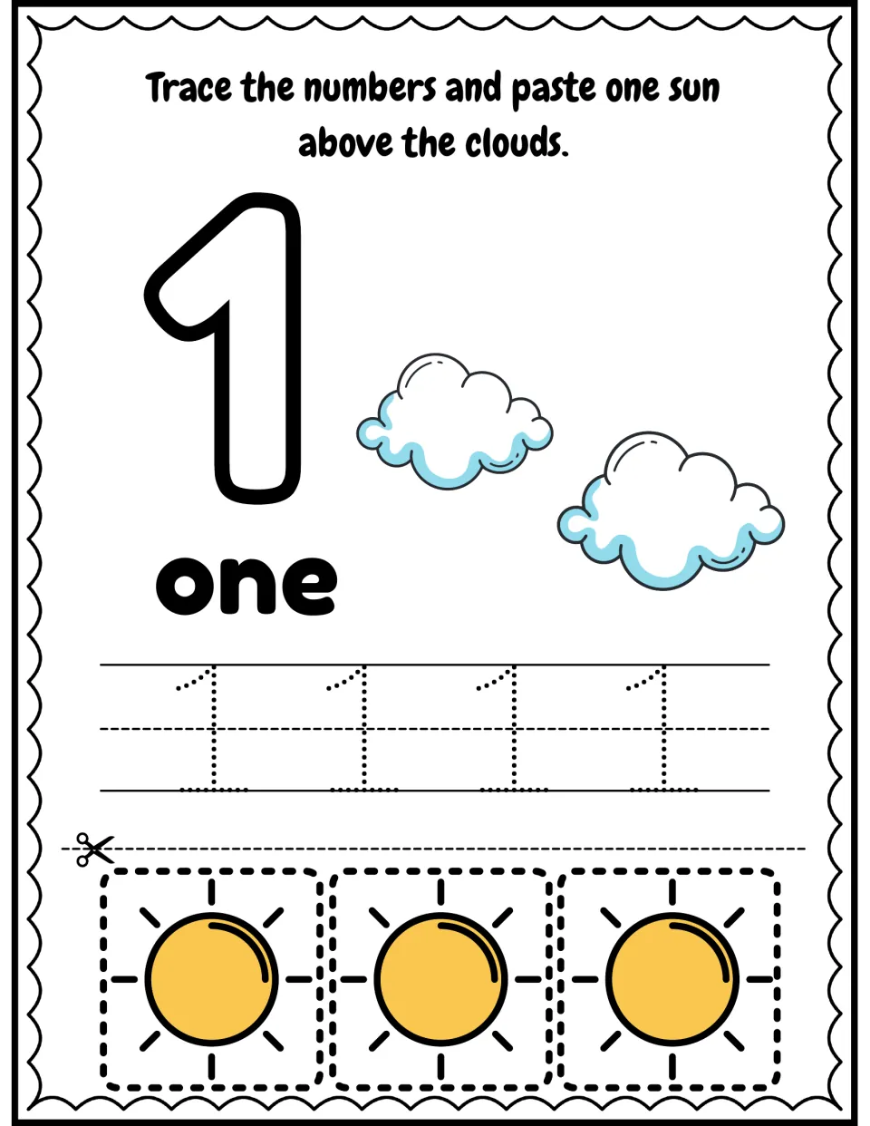 Number 1 and word one: students trace 1 four times, then pick one sun from three cutouts to paste above the clouds