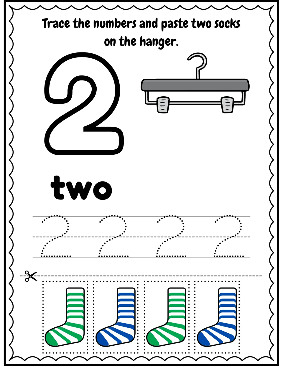 Number 2 and word two: students trace 2 four times and cut out two of the four striped socks to paste on the hanger