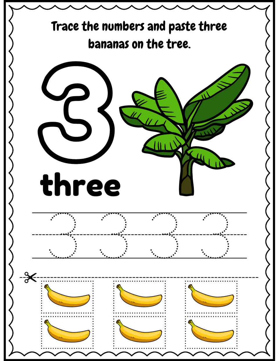Number 3 and word three: students trace 3 four times and choose three of six banana cutouts to paste on the tree