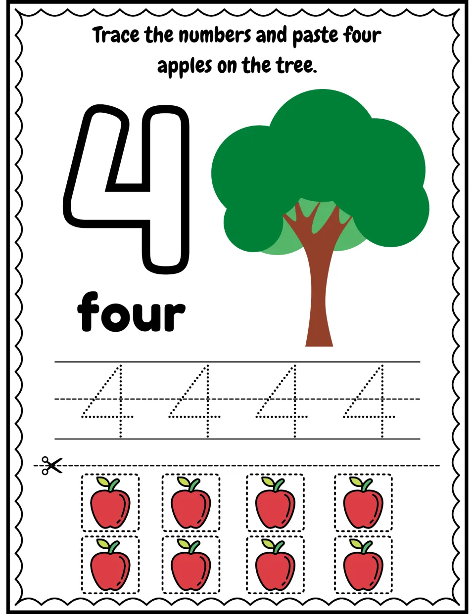 Number 4 and word four: students trace 4 four times, then count four of eight apple cutouts to glue onto the tree