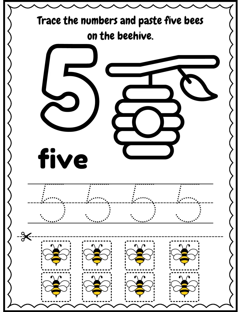 Number 5 and word five: students trace 5 four times and cut out five of eight bees to paste on the beehive