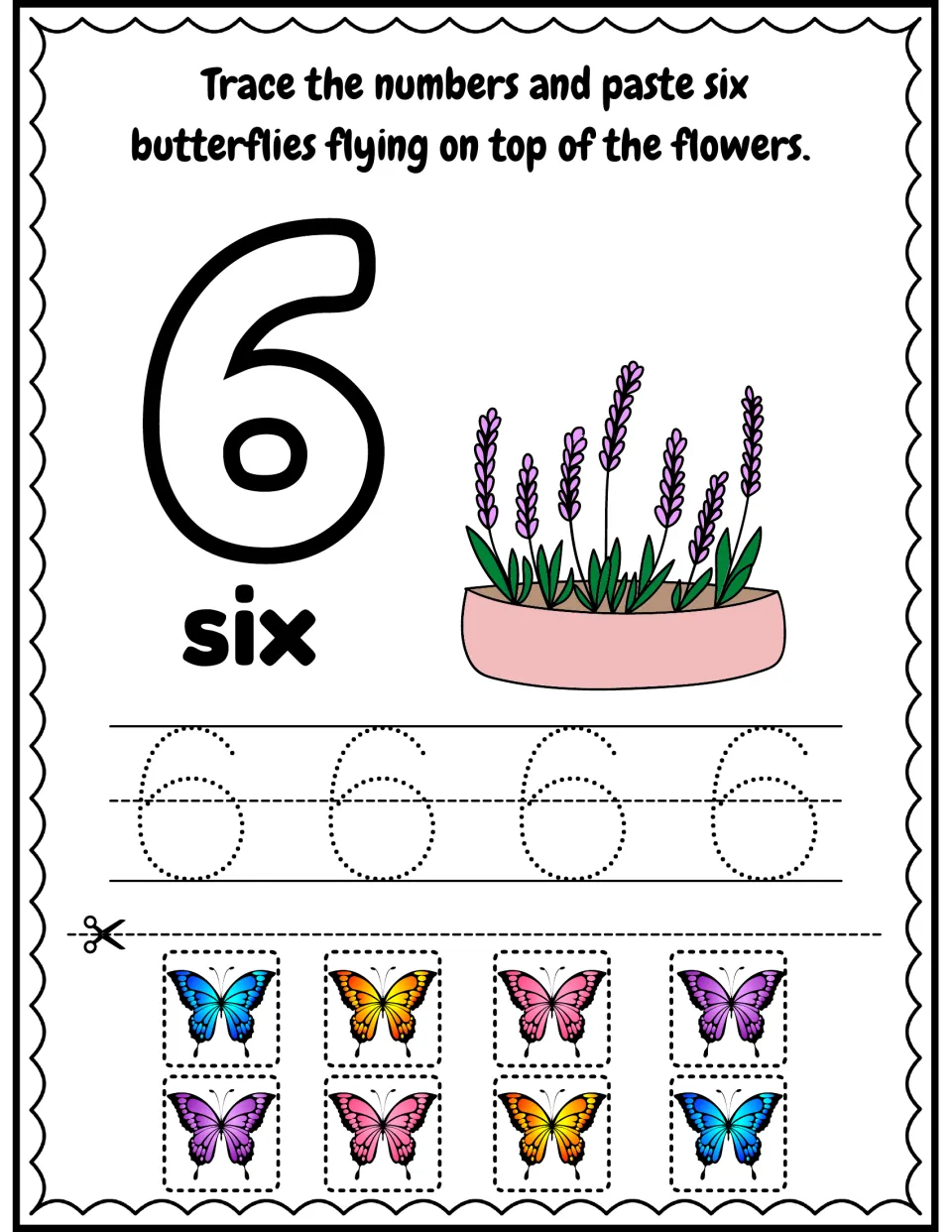 Number 6 and word six: students trace 6 four times and paste six of eight butterfly cutouts above a pot of lavender