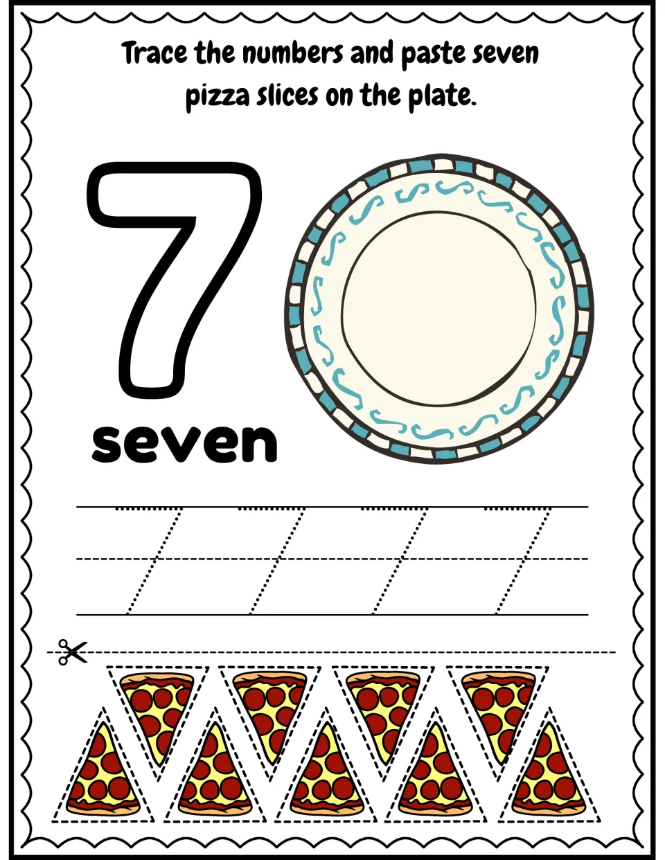 Number 7 and word seven: students trace 7 four times and cut out seven of nine pizza slices to paste on a plate