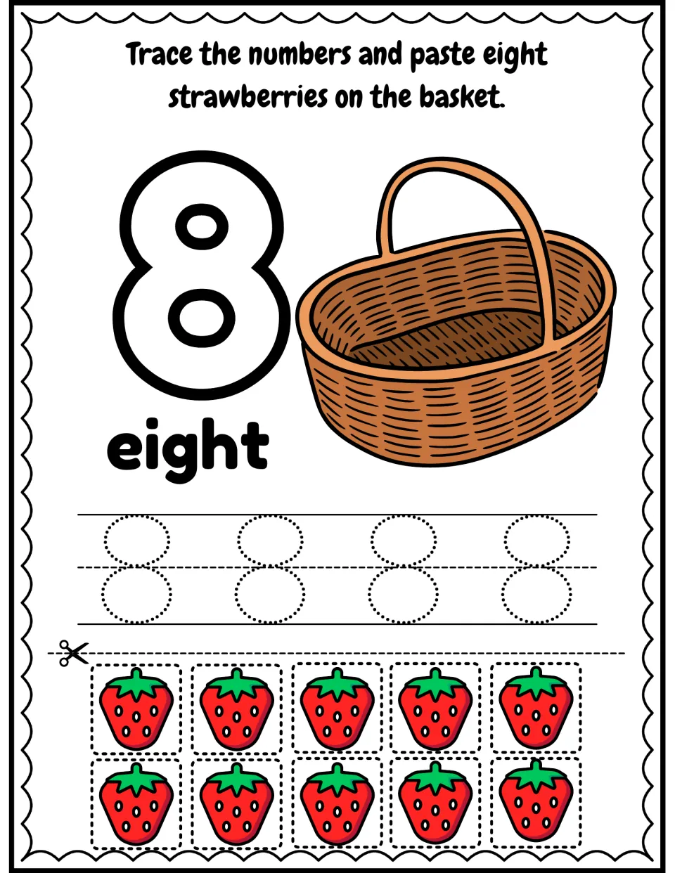 Number 8 and word eight: students trace 8 four times and pick eight of ten strawberries to paste in the basket