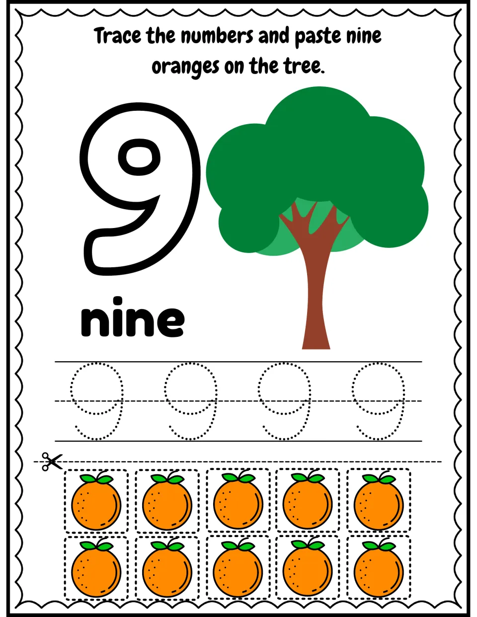 Number 9 and word nine: students trace 9 four times and cut out nine of ten oranges to paste on the tree