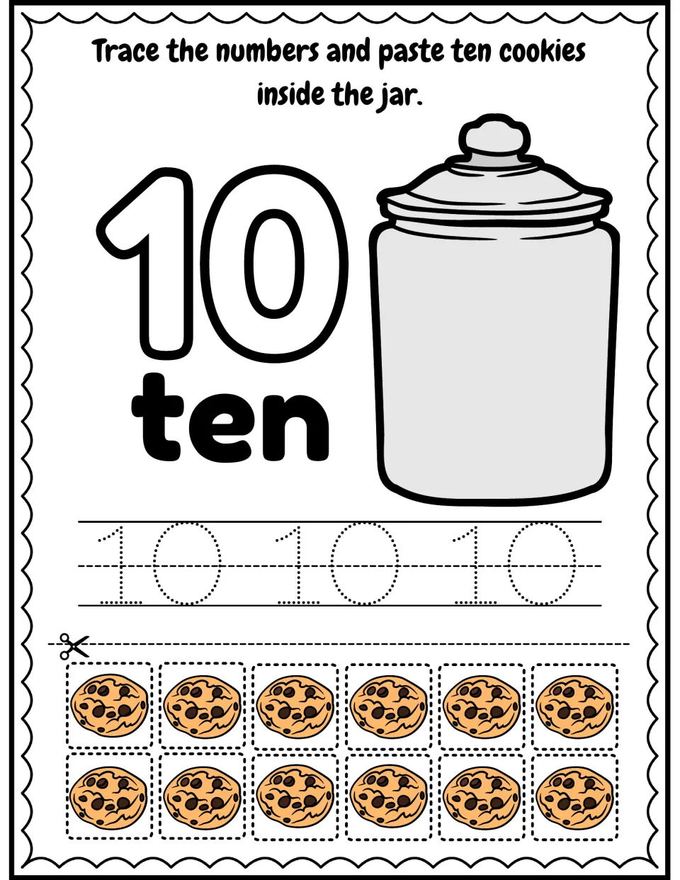 Number 10 and word ten: students trace 10 three times and choose ten of twelve cookies to paste inside the jar