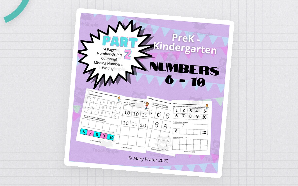 Kindergarten Numbers 6–10 practice pack cover with tracing and counting worksheet previews.