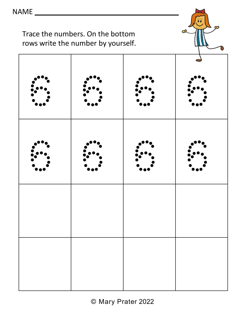 Number 6 writing practice: students trace eight dotted 6s, then write the number on their own in the bottom rows