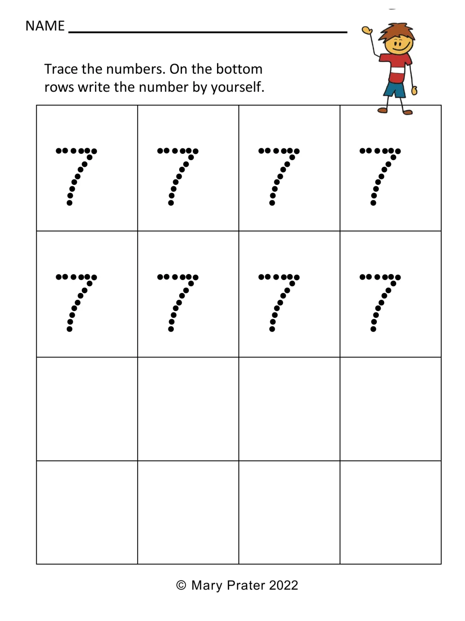 Number 7 formation: students trace eight dotted 7s, then write 7 independently in the two empty rows below