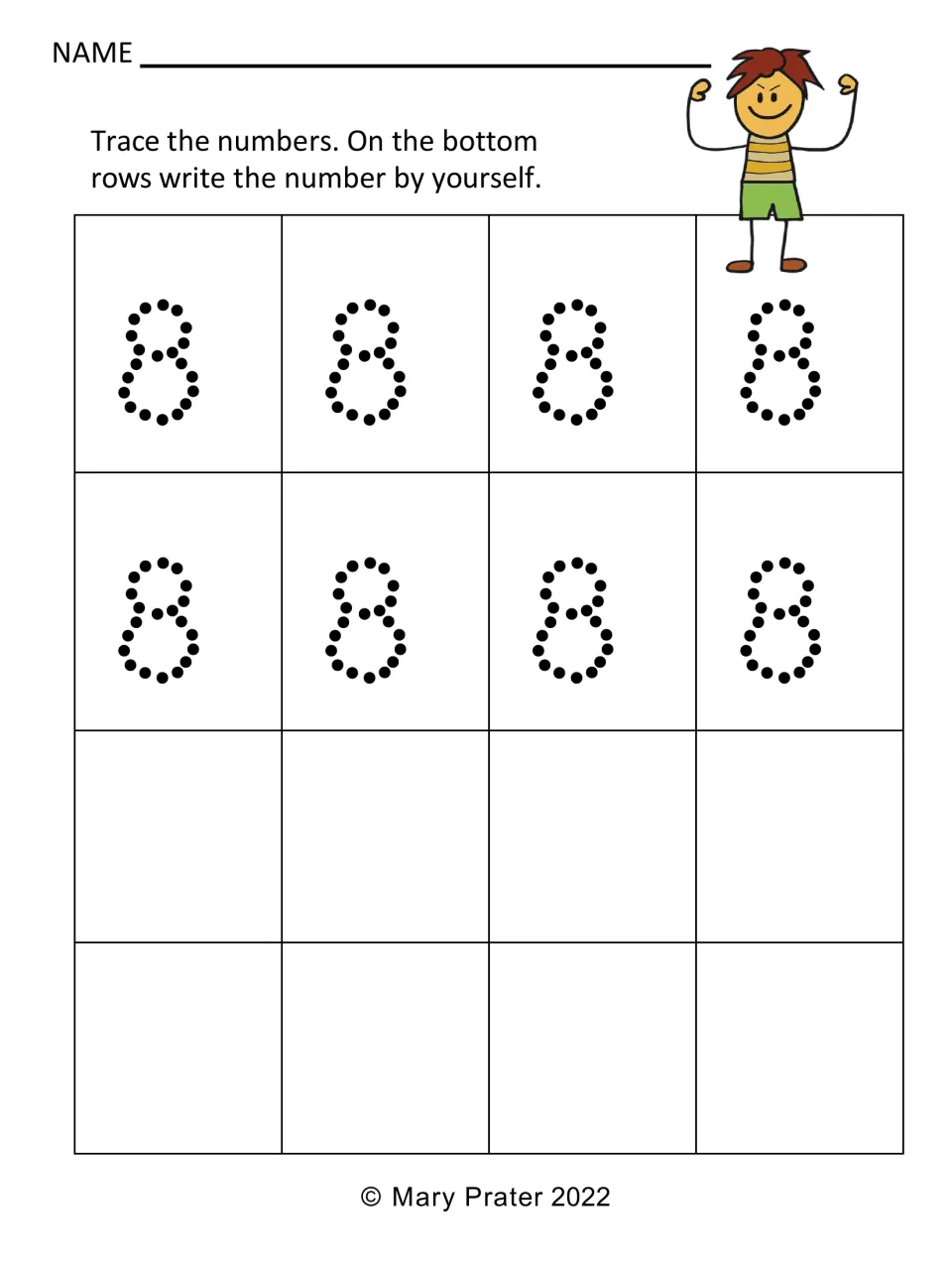 Tracing the numeral 8: children follow eight dotted 8s and then print the number by themselves in the blank rows
