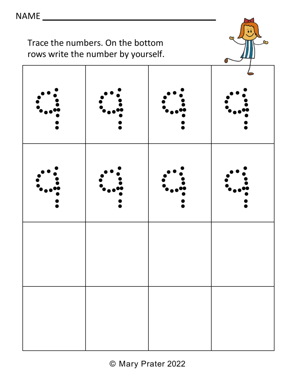 Numeral 9 handwriting: students trace two rows of dotted 9s and then write 9 unaided in the blank rows below