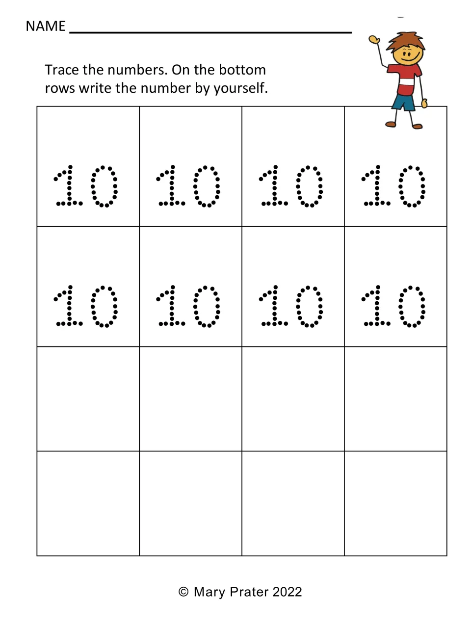 Writing 10: students trace eight dotted two-digit 10s, then practise writing 10 on their own in the bottom rows
