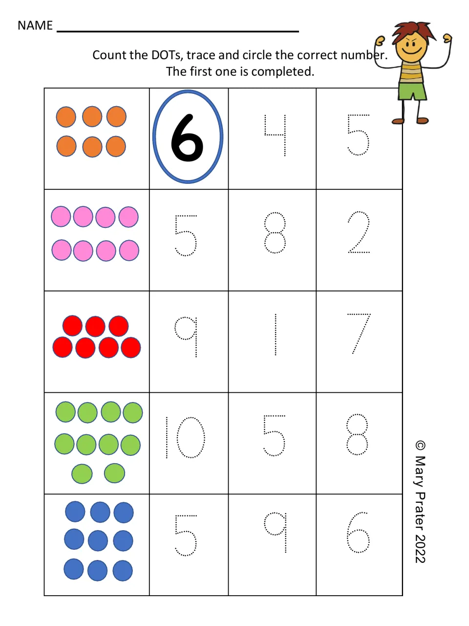 Counting dot sets: students count 6 to 10 colored dots in each row, then trace and circle the matching number of three
