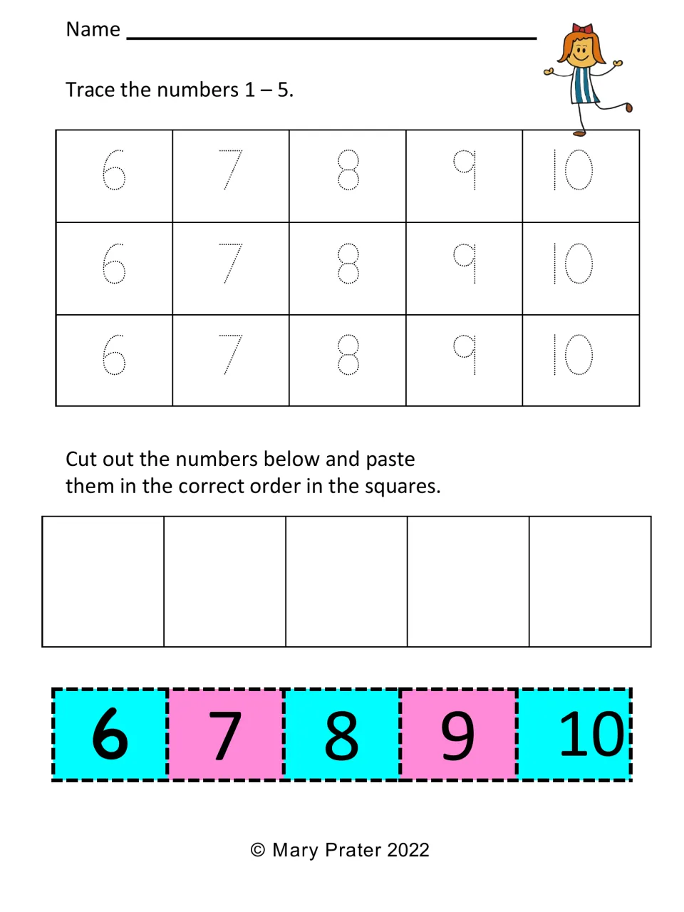 Number order 6 to 10: students trace 6-10 three times, then cut out colored number tiles and paste them in order