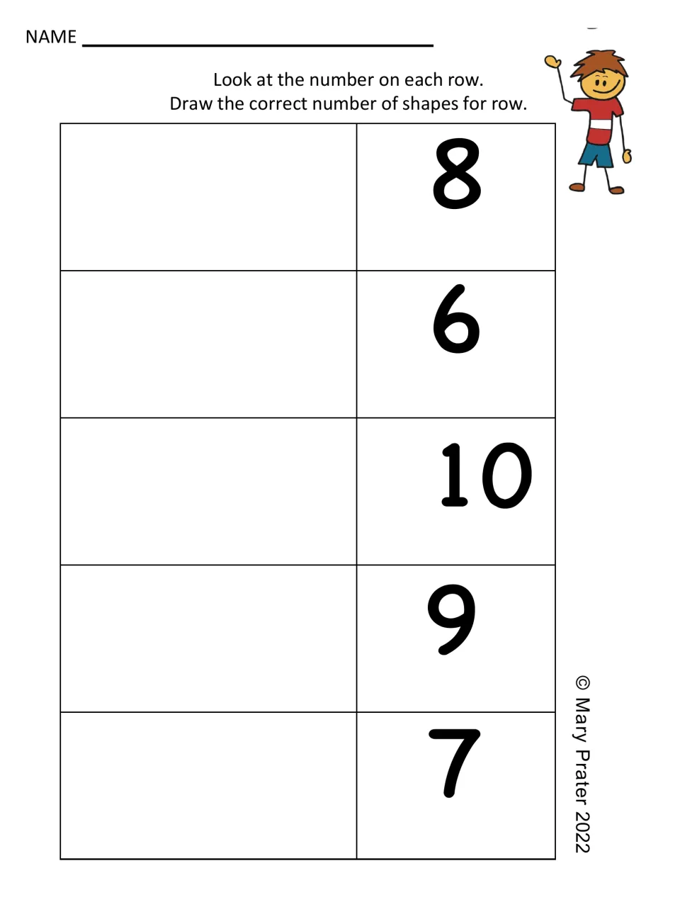 Drawing quantities: students read 8, 6, 10, 9 and 7 on each row and draw that many shapes in the space beside it