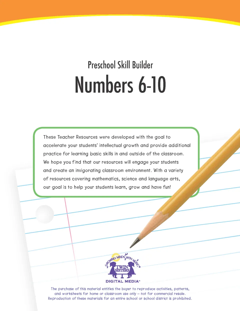 Workbook cover titled 'Preschool Skill Builder Numbers 6-10' with a teacher resource introduction