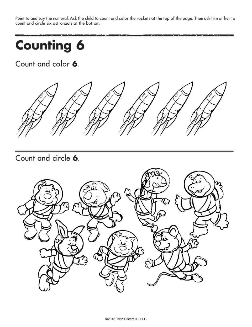 Counting 6 activity: count and color six rockets, then count and circle six of seven animal astronauts