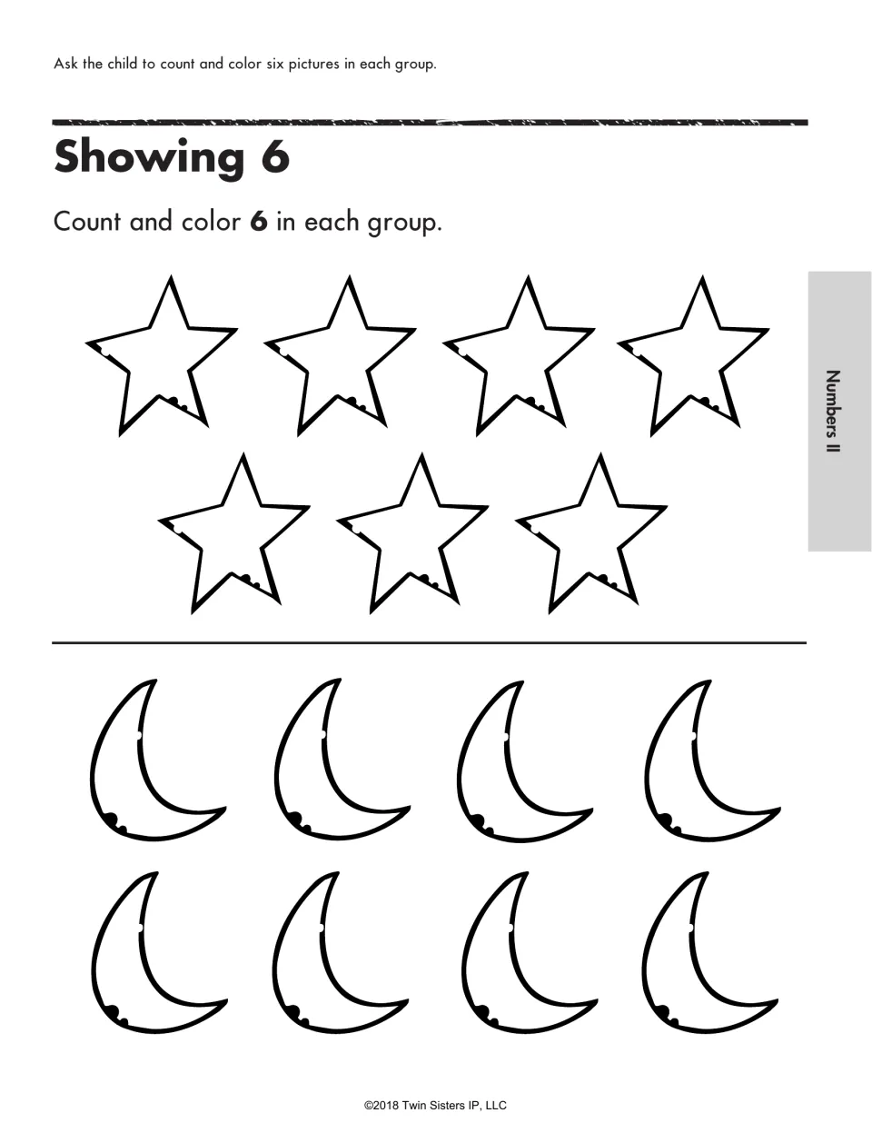 Showing 6 activity: count and color six stars from a group of seven and six moons from a group of eight