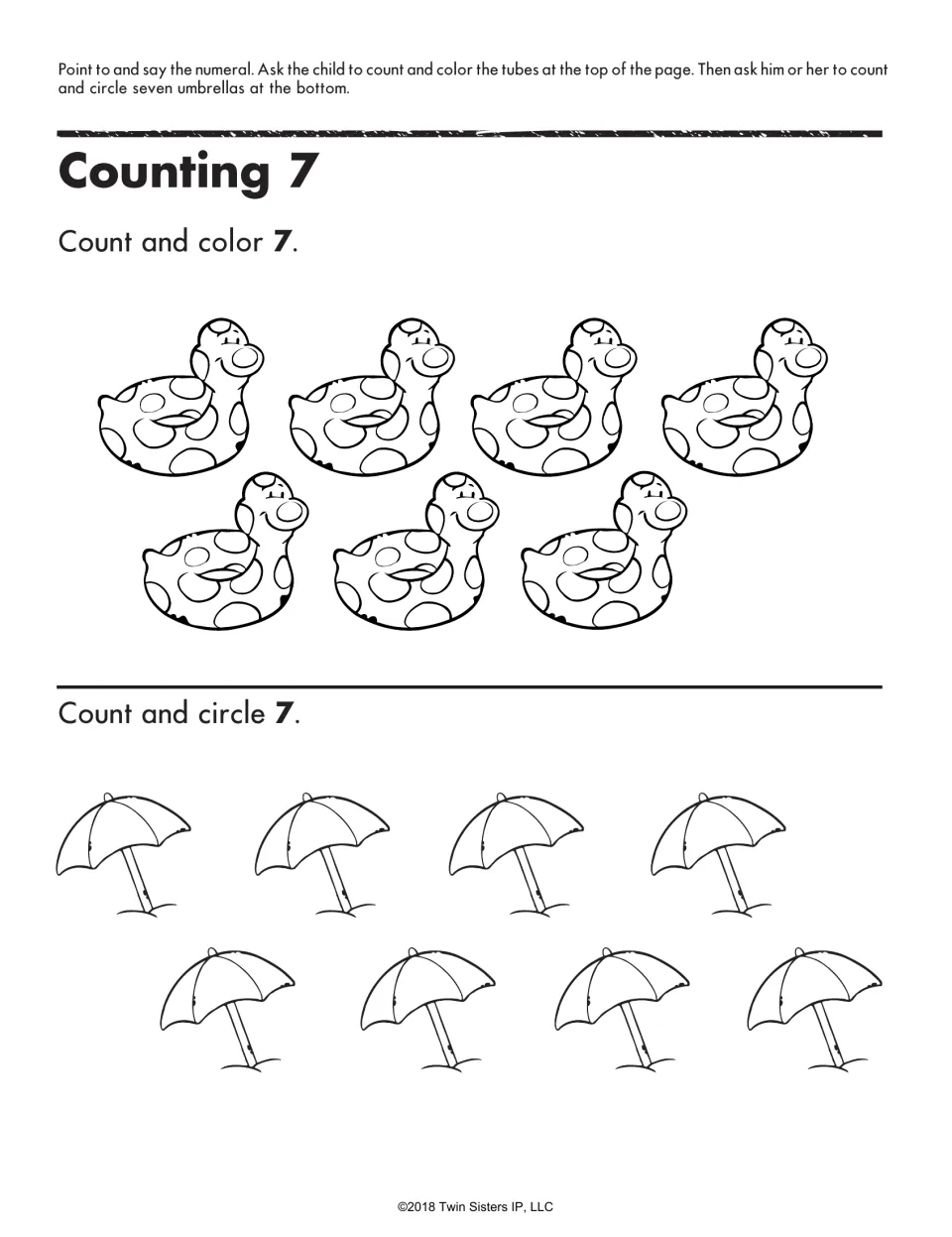 Counting 7 activity: count and color seven swim tubes, then count and circle seven of eight umbrellas