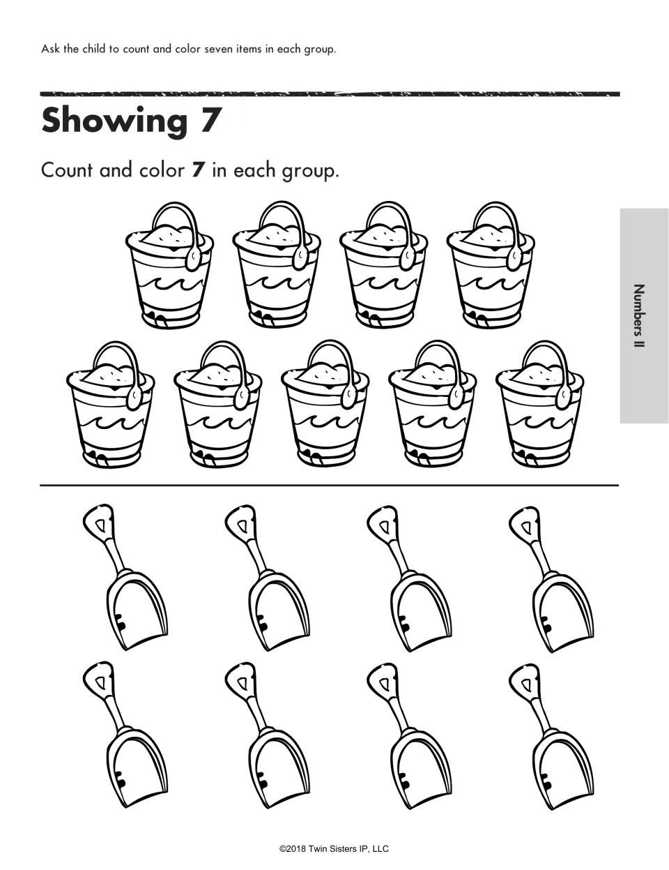 Showing 7 activity: count and color seven sand buckets from a group of nine and seven of eight shovels