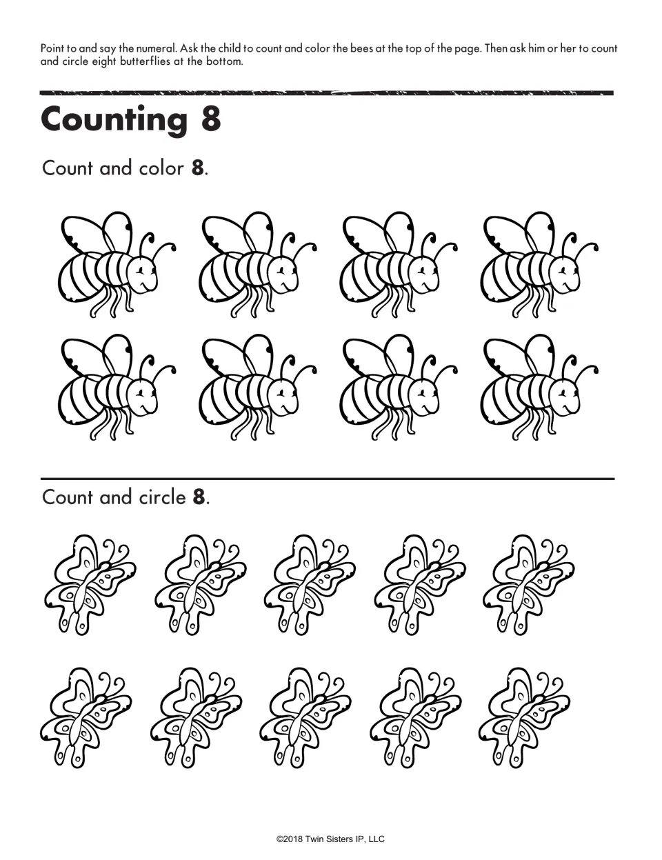 Counting 8 activity: count and color eight bees, then count and circle eight of ten butterflies