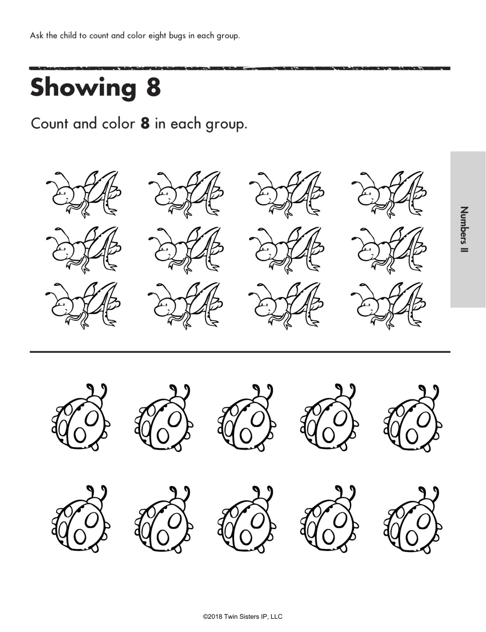Showing 8 activity: count and color eight grasshoppers from a group of twelve and eight of ten ladybugs