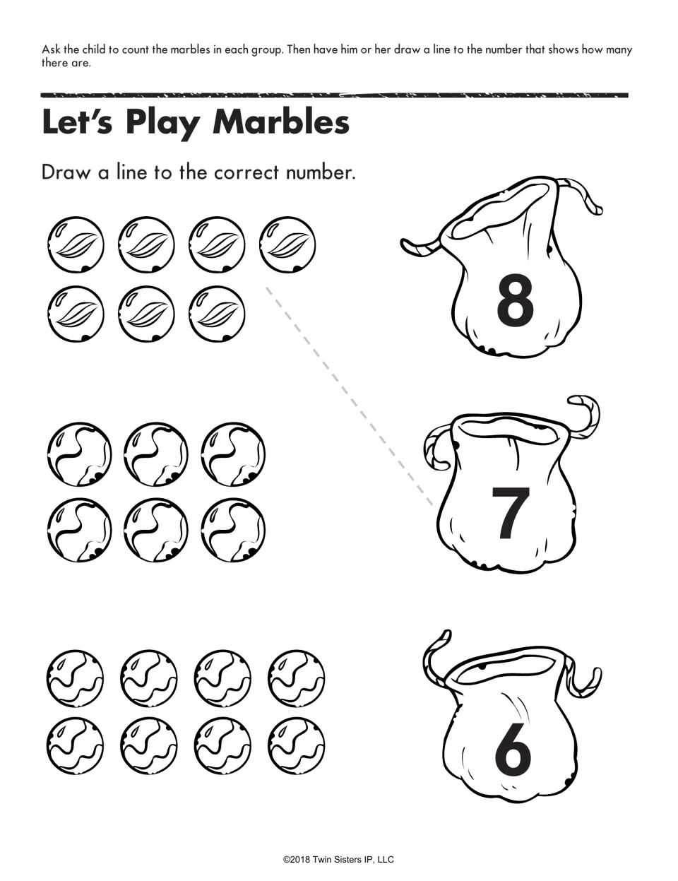 Let's Play Marbles review: count groups of seven, six, and eight marbles and match them to numbered bags