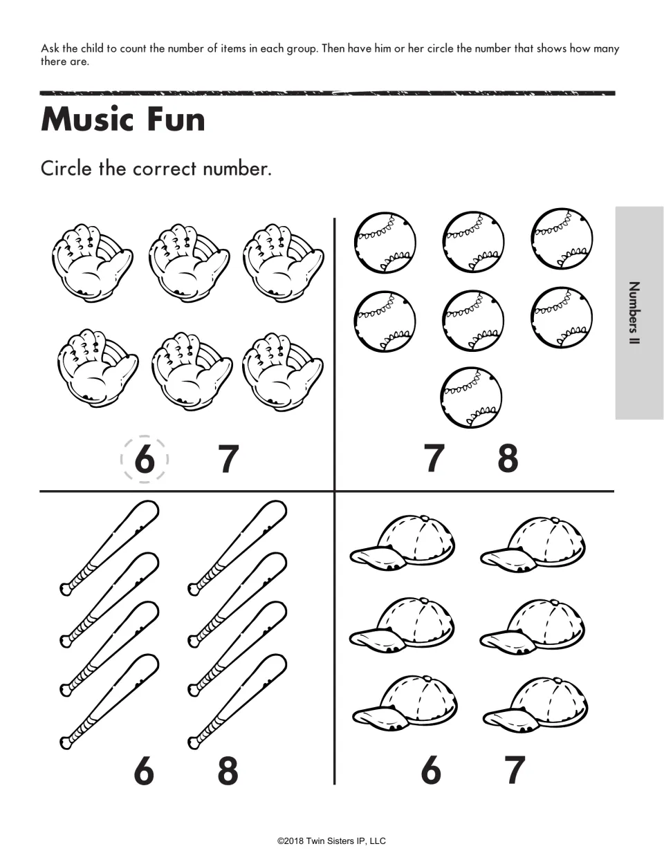 Music Fun counting review: count baseball gloves, balls, bats, and caps, then circle the correct numbers