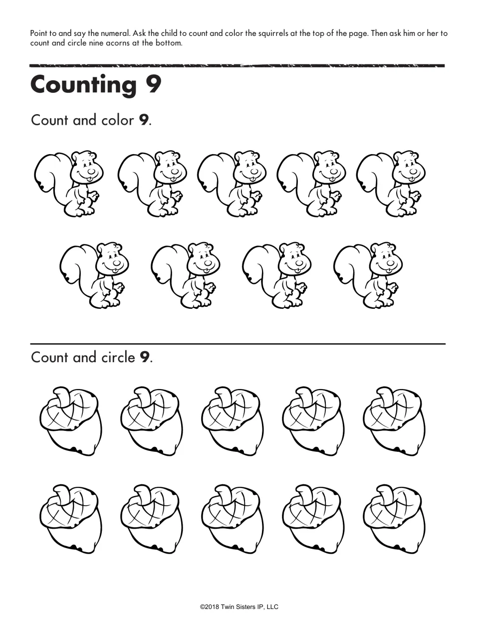 Counting 9 activity: count and color nine squirrels, then count and circle nine acorns from a group of ten