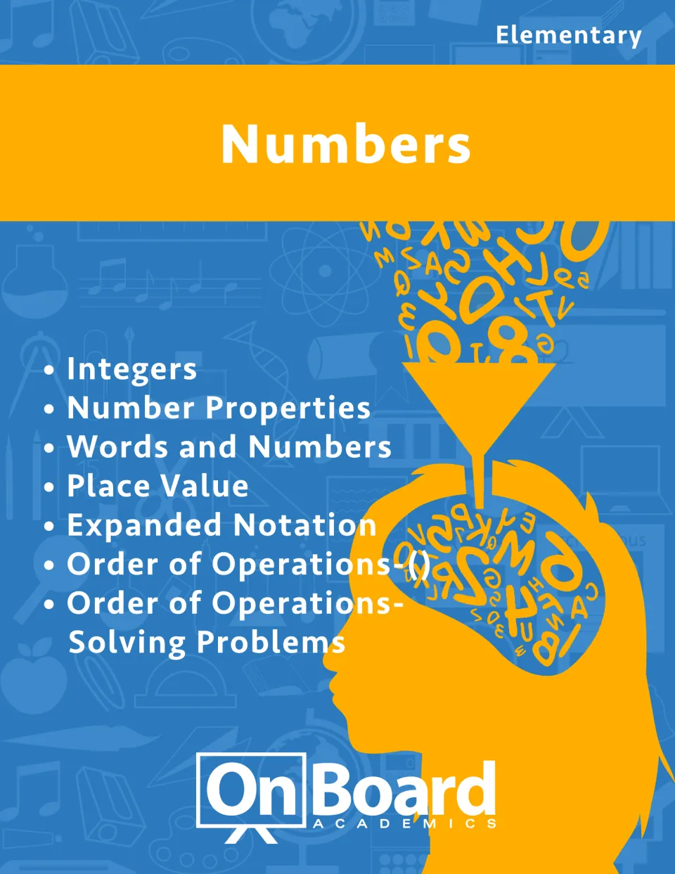 Workbook cover listing integers, number properties, words and numbers, place value, and order of operations