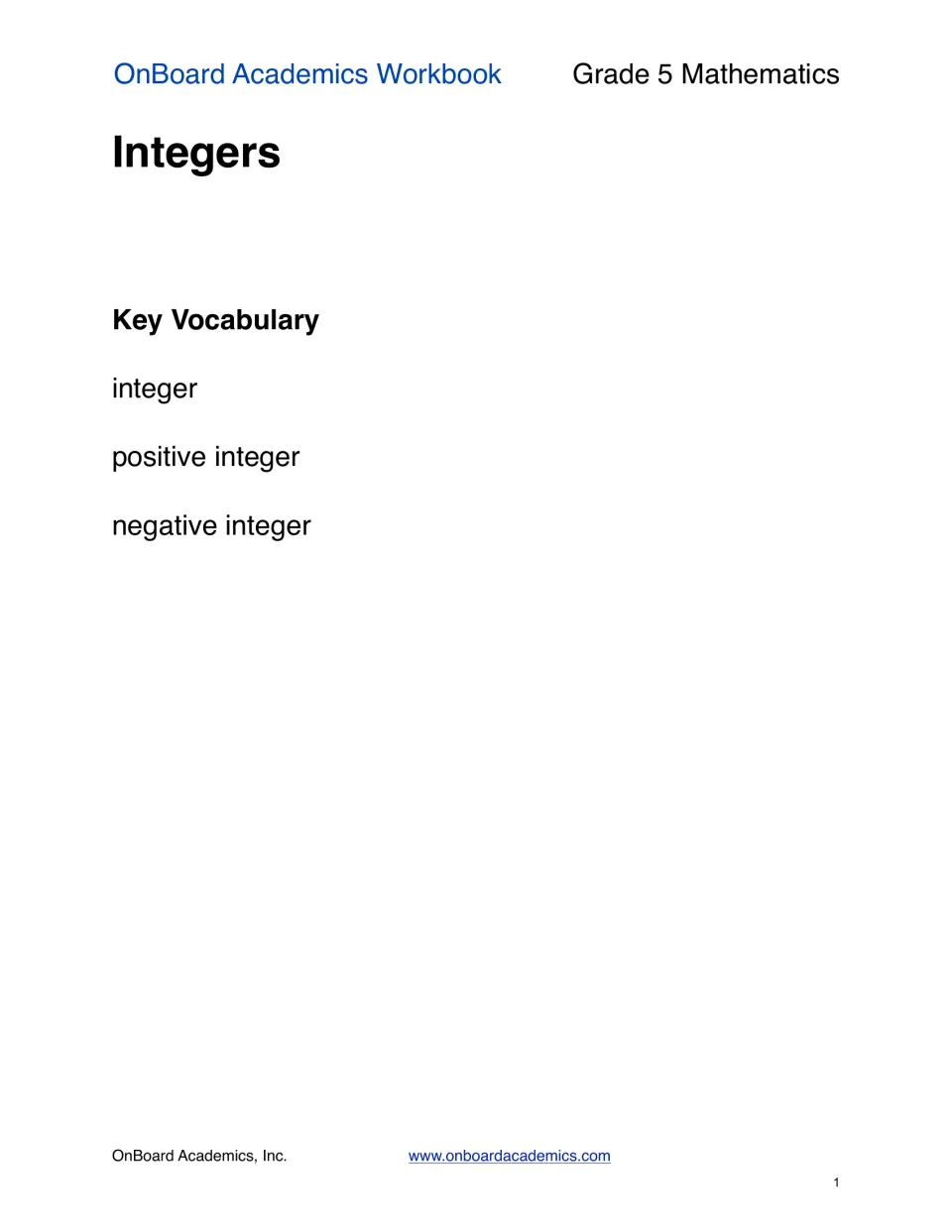 Integers section introduction listing three key vocabulary terms: integer, positive integer, negative integer