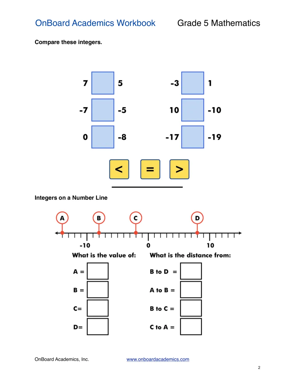 Integer practice comparing six pairs, including 7 and 5, then finding values and distances on a number line