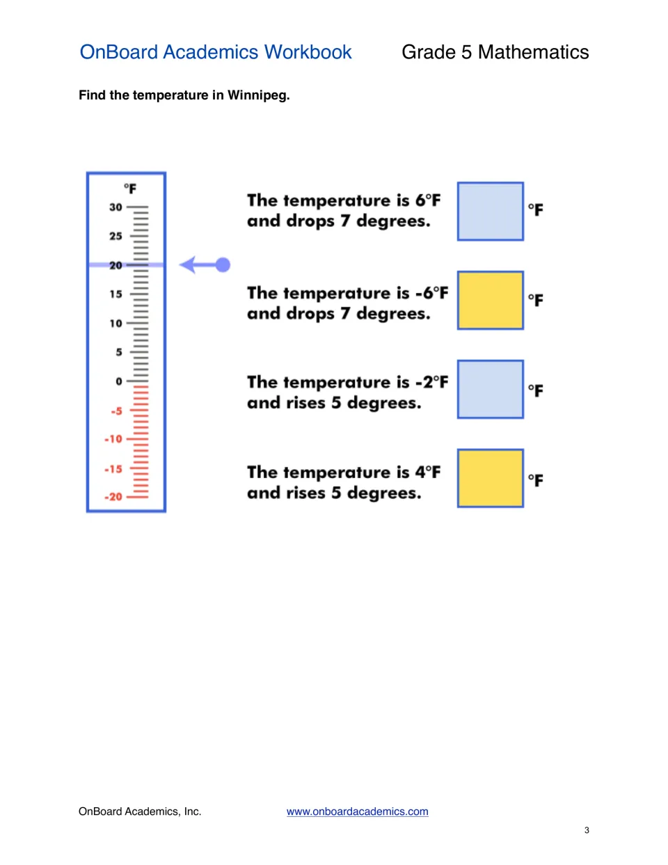 Winnipeg temperature practice finding results when 6°F and -6°F drop 7 degrees and -2°F and 4°F rise 5 degrees