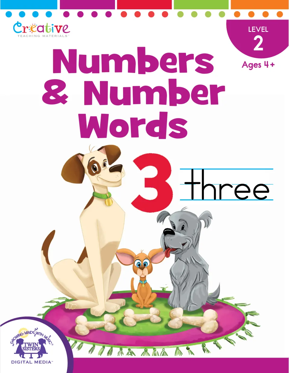 Numbers & Number Words cover, Level 2, Ages 4+, showing a red 3 beside the handwritten word three and three cartoon dogs