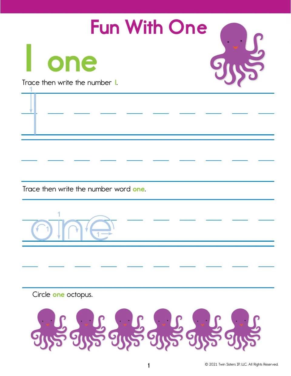 Fun With One: students trace and write the numeral 1 and the word one, then circle one octopus from a row of six