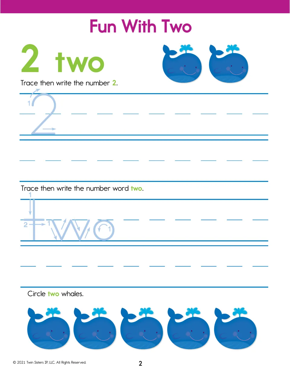Fun With Two: number formation practice tracing and writing 2 and two, then circling two of the five whales shown