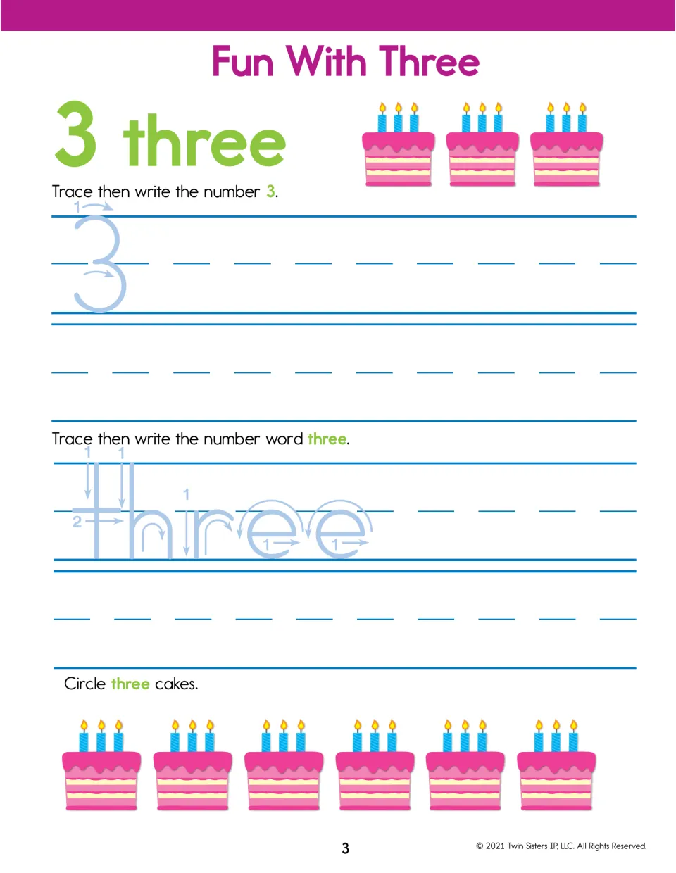 Fun With Three: children trace and write 3 and three using stroke arrows, then circle three cakes out of six cakes