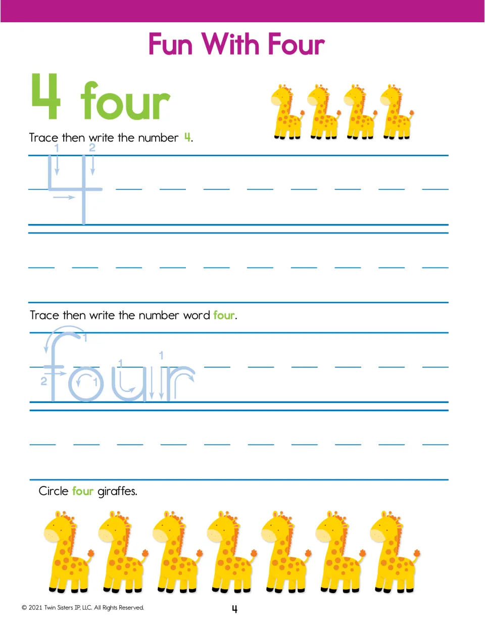 Fun With Four: tracing and writing the numeral 4 and the word four, then counting out four giraffes from a row of seven