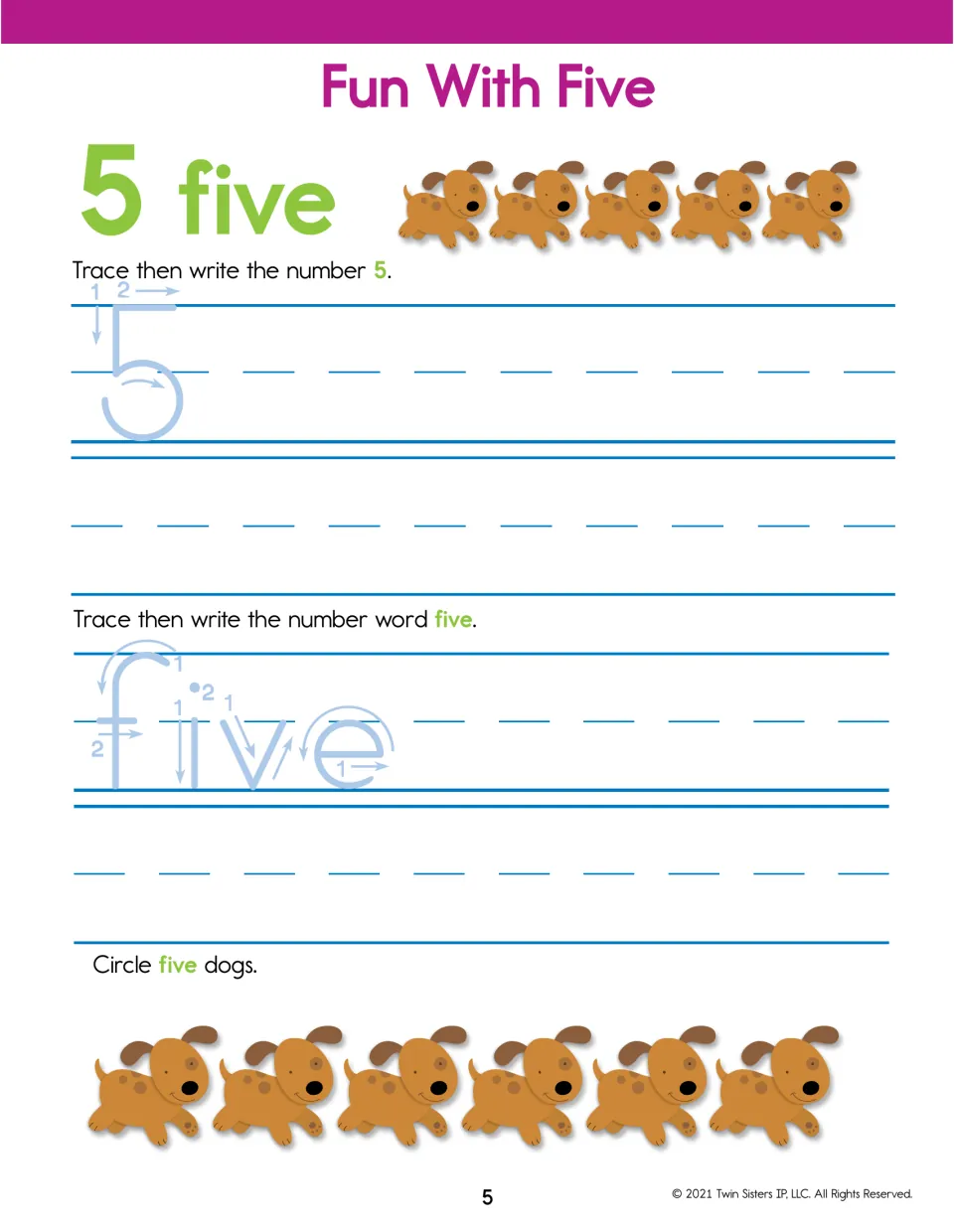 Fun With Five: students trace and write 5 and five, then show one-to-one counting by circling five of six puppies
