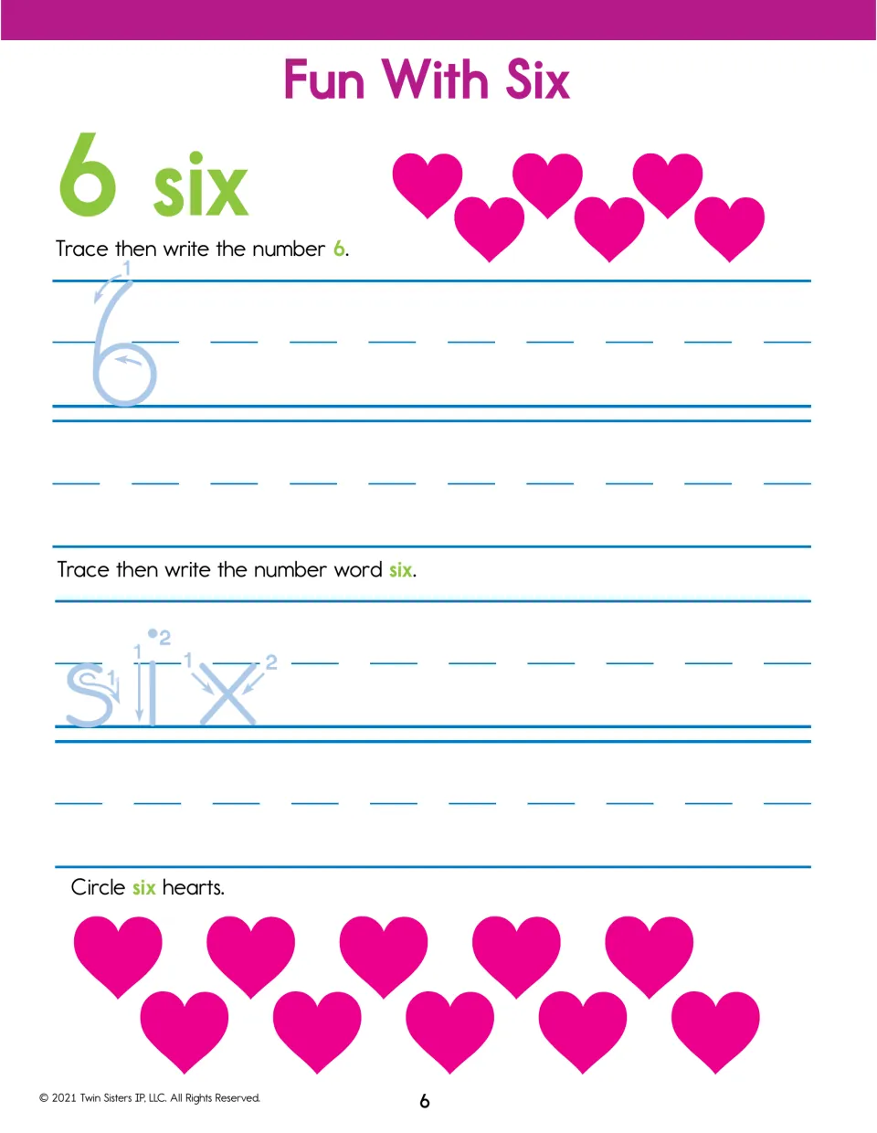 Fun With Six: numeral and number-word writing for 6 and six, then circling six pink hearts from a group of ten