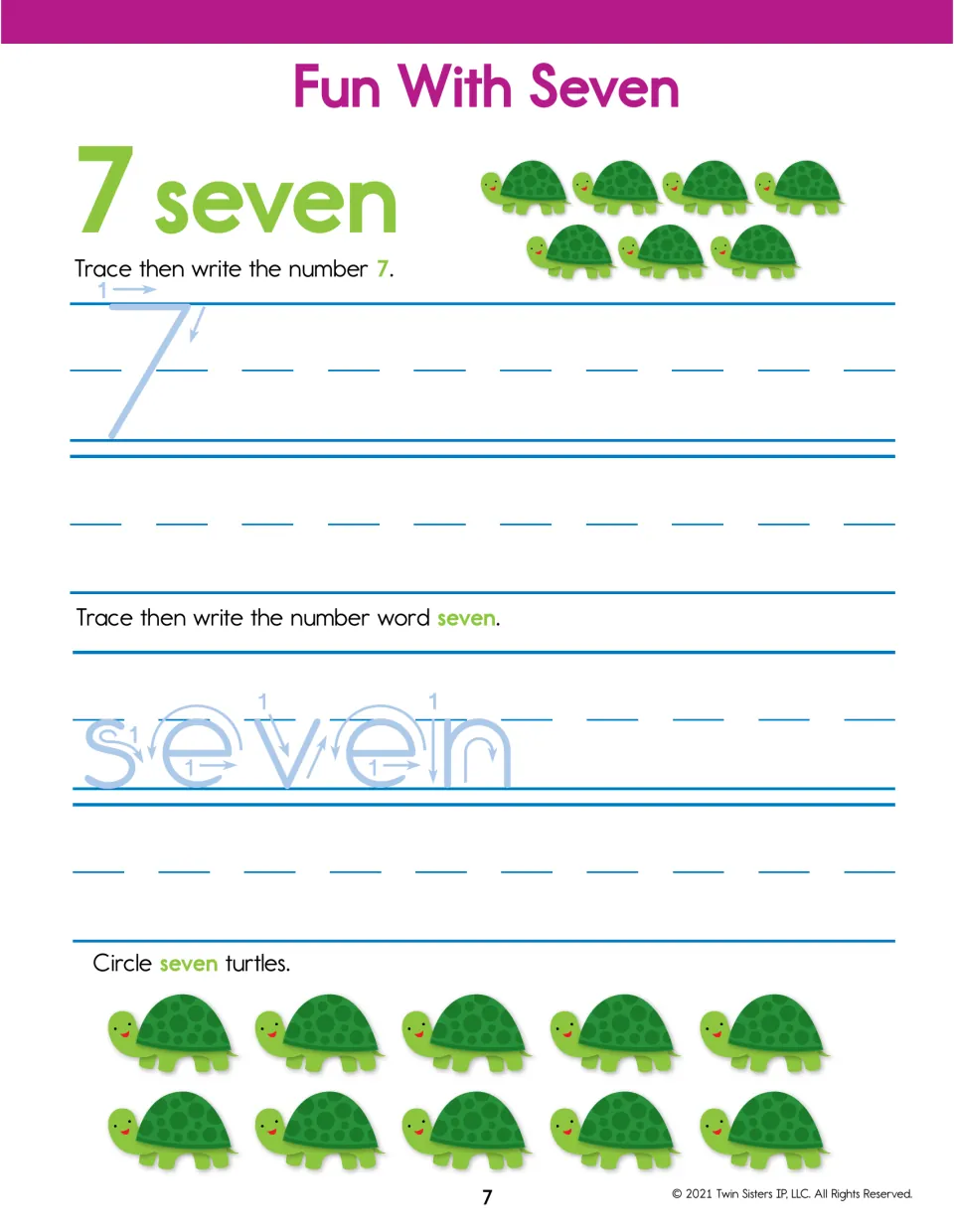 Fun With Seven: children trace and write 7 and seven, then count and circle seven turtles from two rows of five