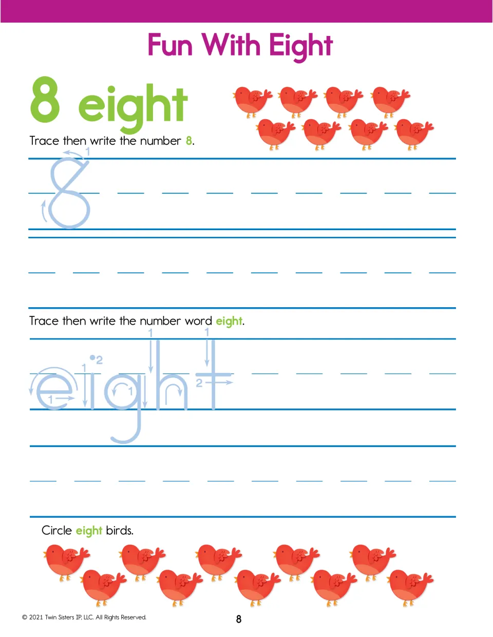 Fun With Eight: tracing and writing 8 and the word eight with stroke arrows, then circling eight of twelve red birds