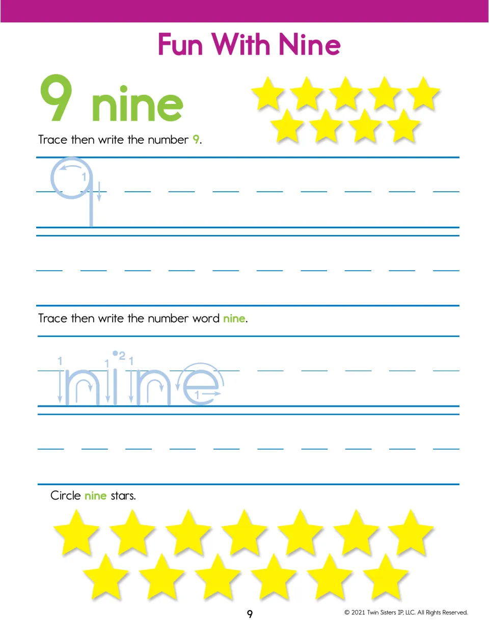Fun With Nine: students trace and write 9 and nine, then count out and circle nine yellow stars from a group of thirteen